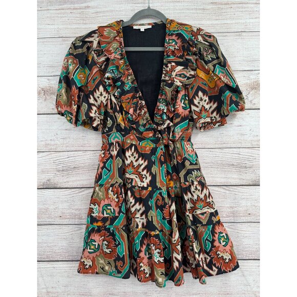 Love the Label Anthropologie Southwest Ruffled Mini Wrap Dress Women's XS Black‎ - Picture 1 of 11